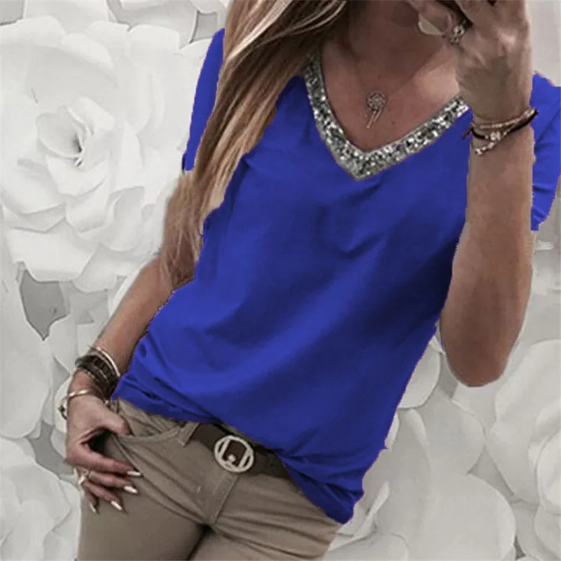 

Blue Women Fashion Casual Spring Summer Short Sleeve Sequin Sexy V Neck T Shirt Stylish Solid Color Loose Pullover Tops