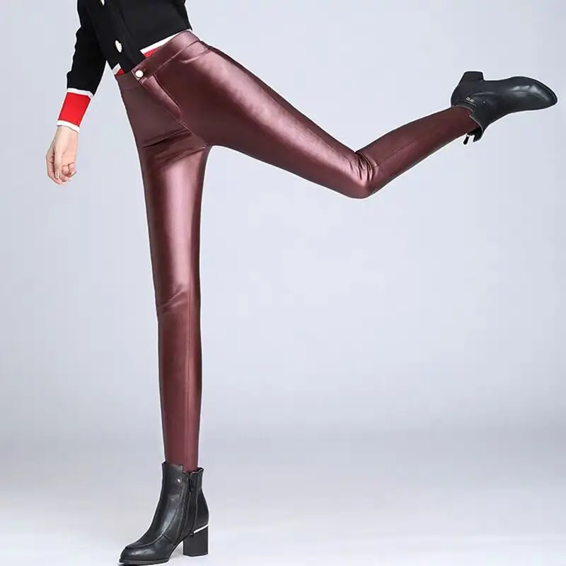 Женские кожаные брюки с высокой талией зима 2019 плотные матовые искусственная