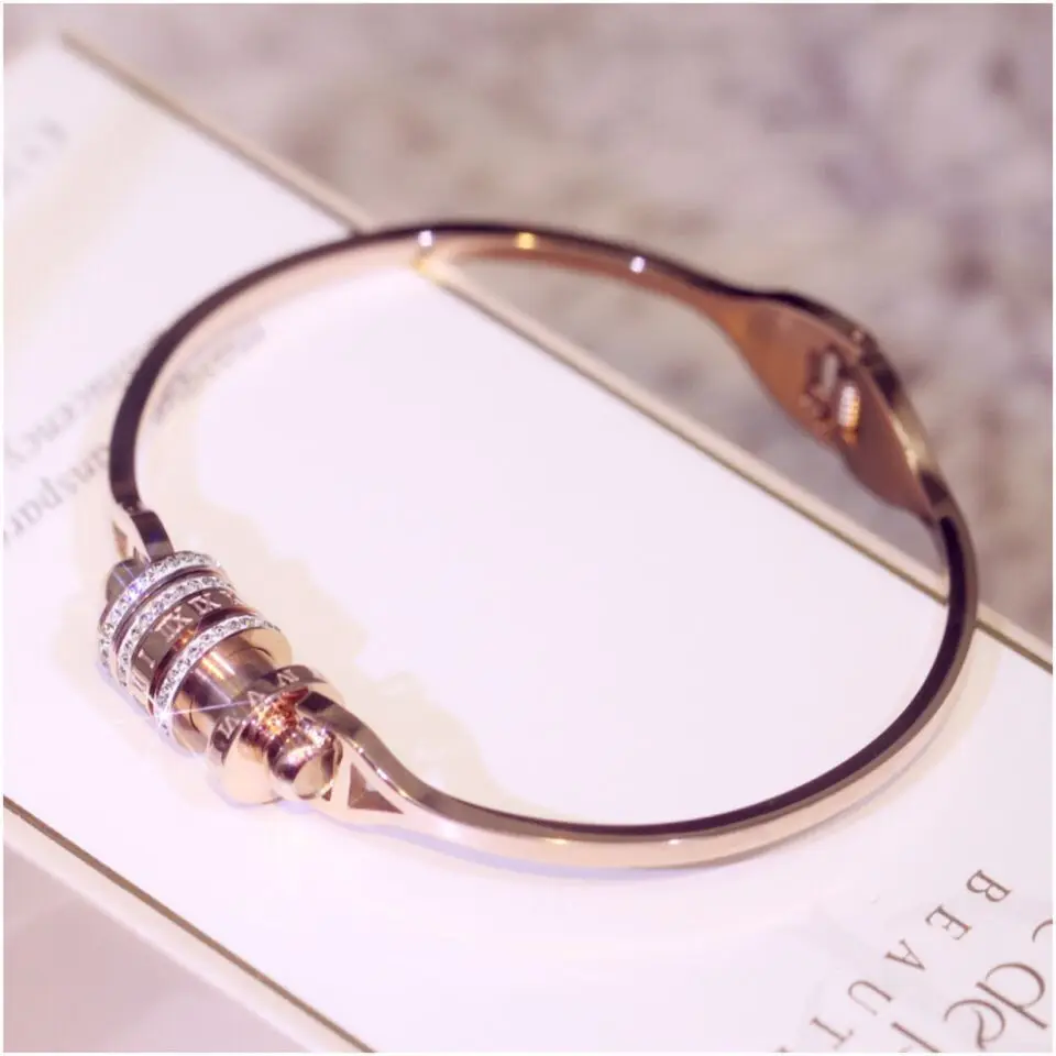 YUN RUO Fashion Pave Crystal Roman Number Bangle Rose Gold Titanium Steel Jewelry Woman Birthday Gift Not Change Color Drop Ship | Украшения