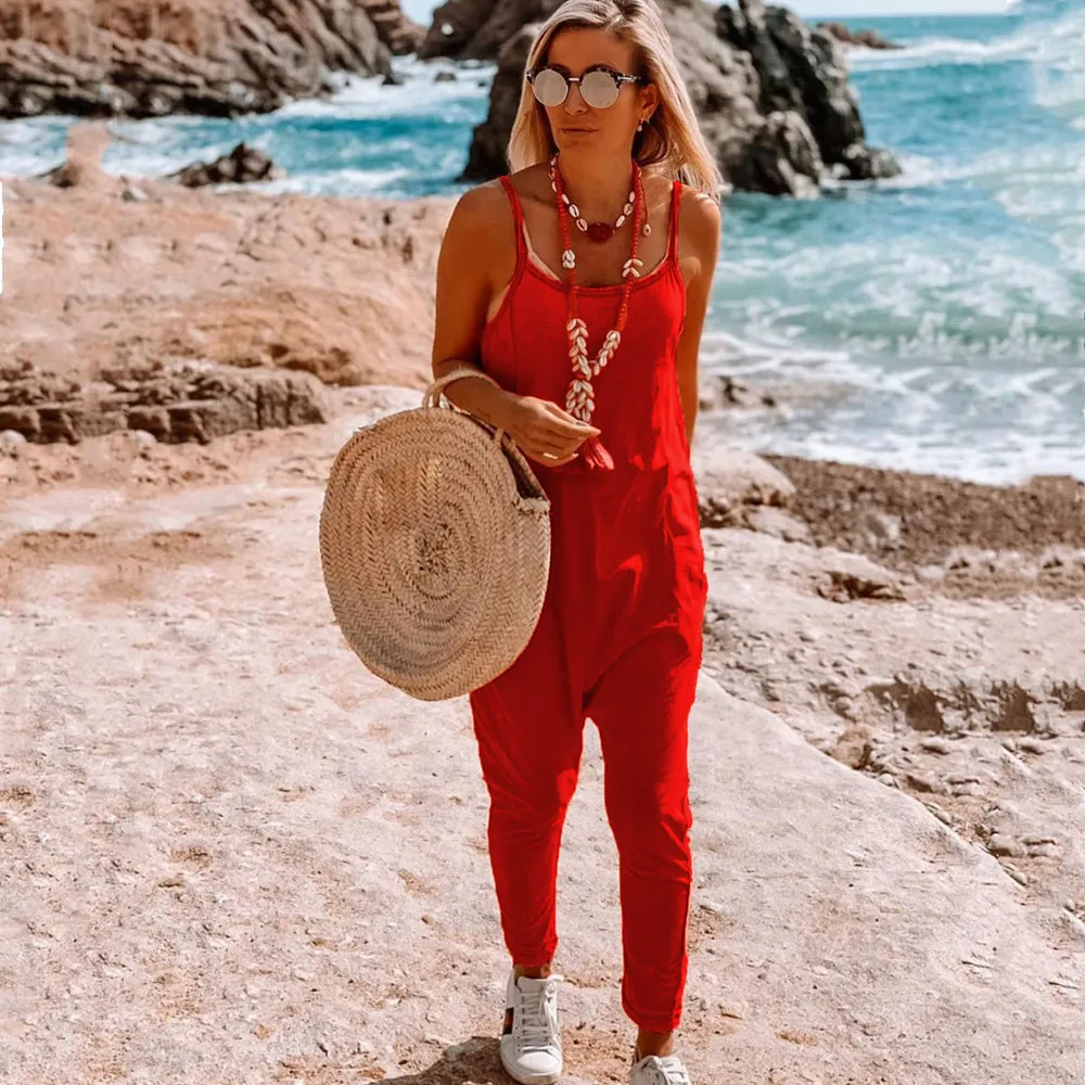 

4 Colors 2020 Summer Sexy Backless Sling Pocket Female Jumpsuit Ladies Solid Casual Playsuits Women Rompers Combinaison Femme