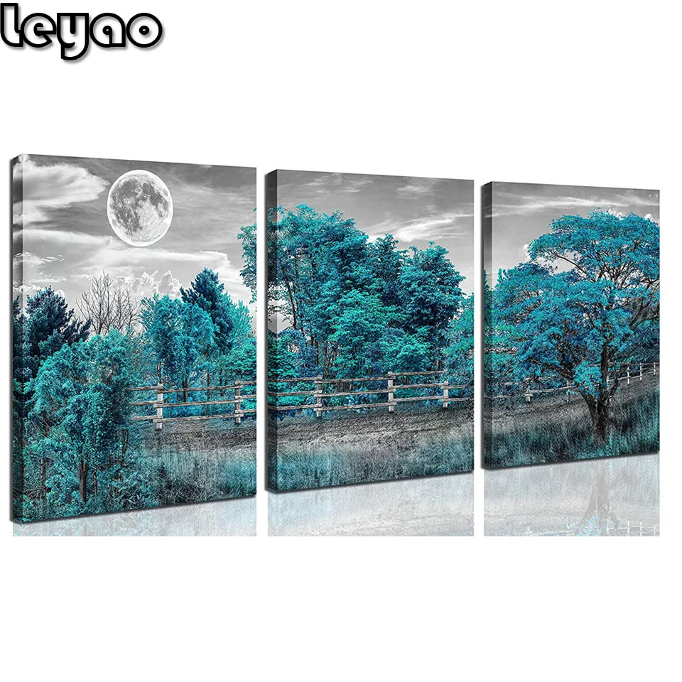 

5d Diamond Painting Natural Moon Landscape Blue Tree Triptych Picture Diamond Mosaic Cross Stitch Home Decor Full Square Drill