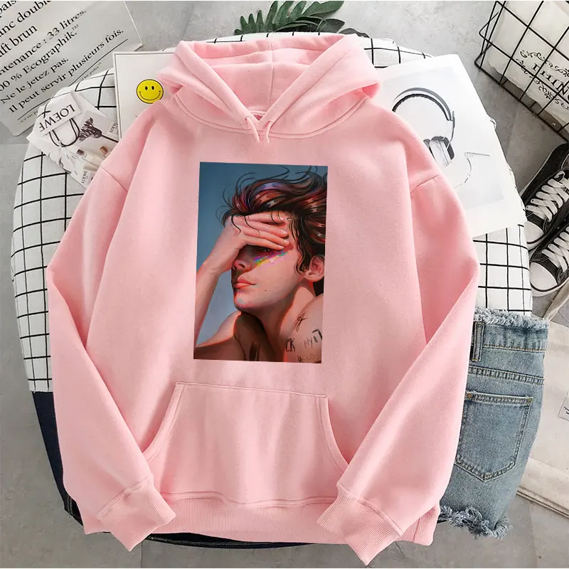 

Anime Harry Styles Merch Printed Oversized Hoodie Hooded Pullovers Sweatshirt Hoody Women Harajuku Kawaii Long Sleeves Pink Tops