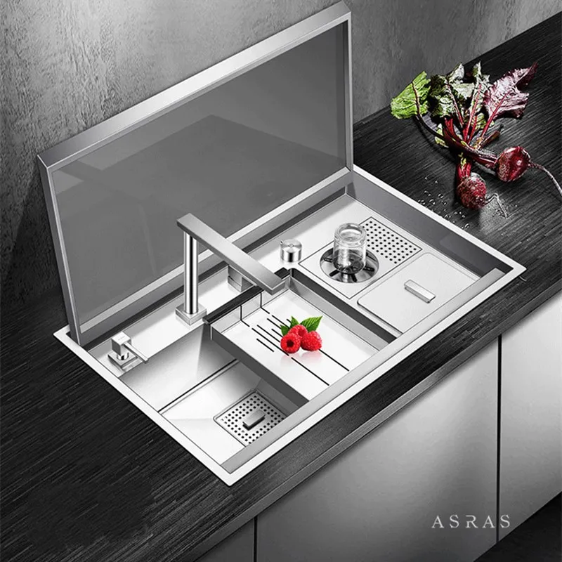 ASRAS 8250G Handmade Kitchen Sink With Intelligent Flip Cover 304 Stainless Steel Hidden Sink With Lifting Faucet and Cup Rinser