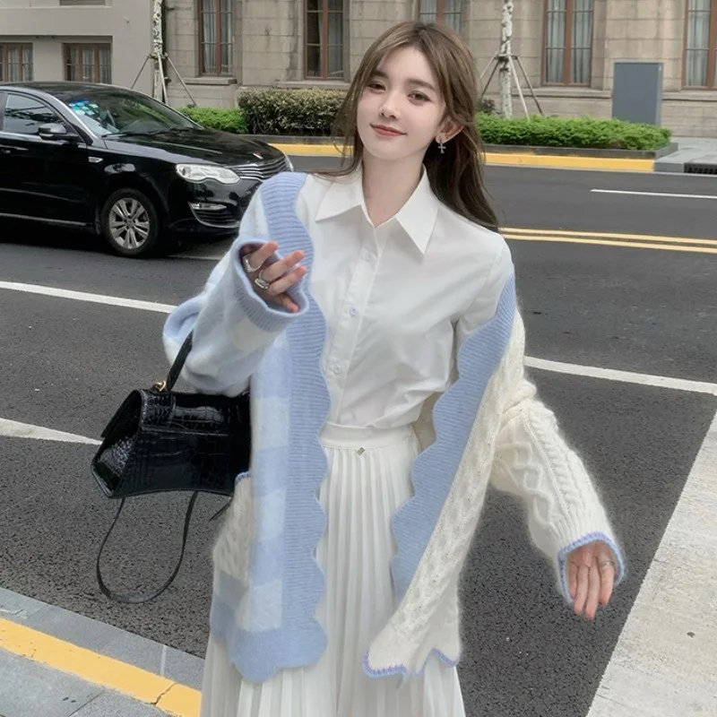 

Нежный Милый хлопковый кардиган во французском стиле для девочек, свитер + нижняя рубашка + плиссированная юбка, комплект из трех предметов ...