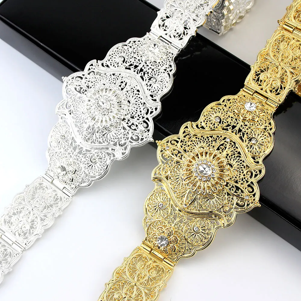 

Sunspicems Elegent Gold Silver Color Morocco Turks Belt For Women Arab Bride Wedding Jewelry Crystal Robe Sash Caftan Waistband