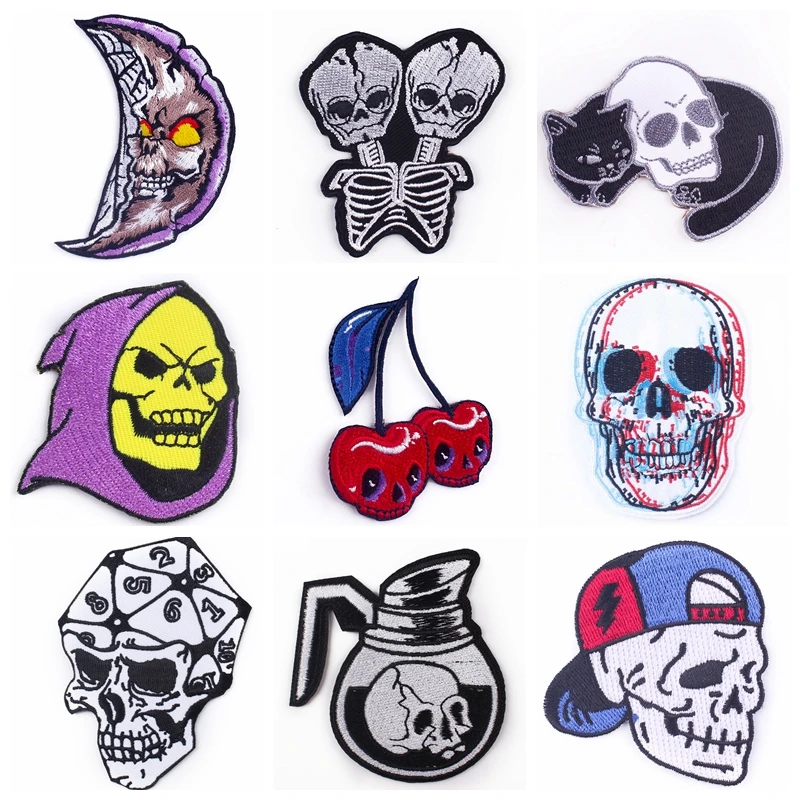 

Punk Skull Patch Fabric Sticker Stripe Embroidery Sew On Clothes Diy Biker Badge Fusible Patch Iron On Patches For Clothes Decor