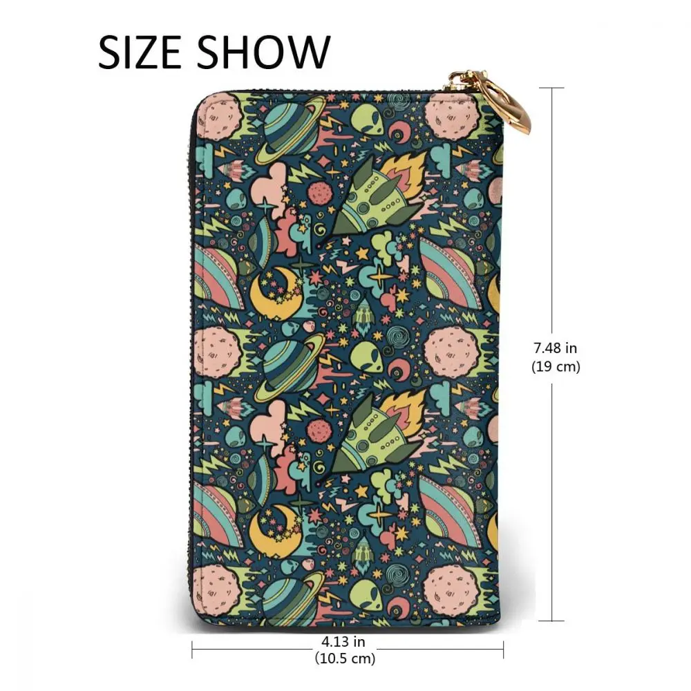 

Long Clutch Wallet Rockets Space Aliens Patterns Large Capacity Leather Purse Zipper Pocket Card Holder for Woman Man