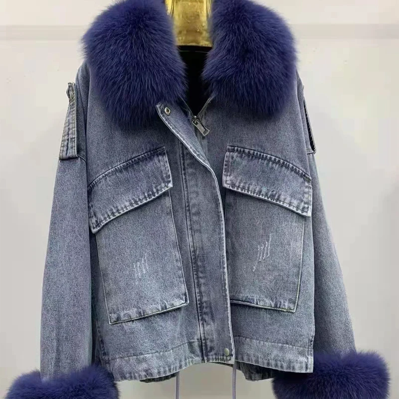 Winter loose thickening removable Rex rabbit hair liner cowboy parkas Natural Fox fur cuff collar female short coat Natural