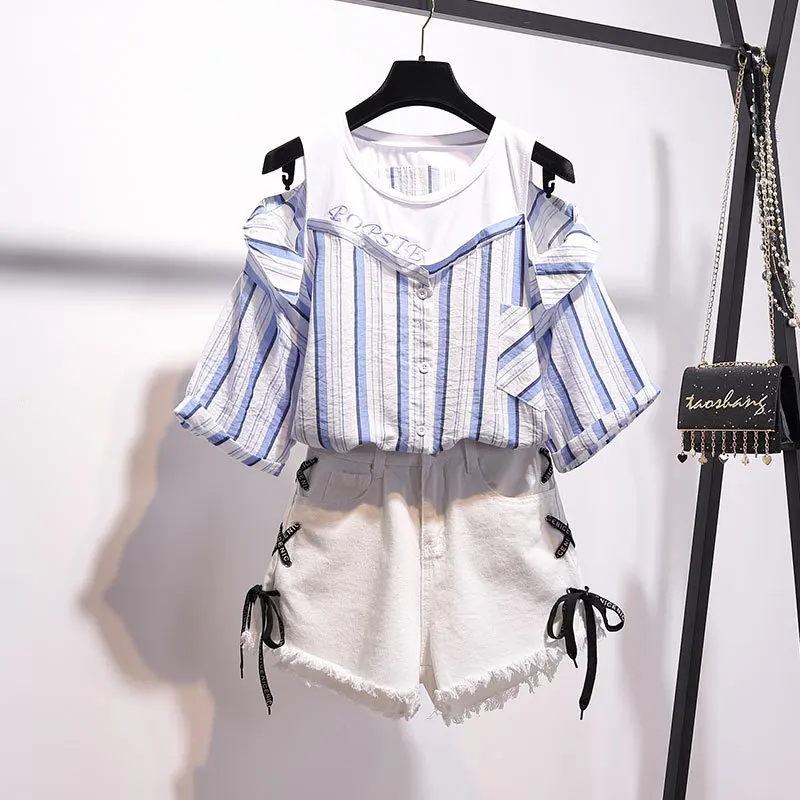 

Женские летние костюмы, женская школьная одежда, блузка в полоску с коротким рукавом, джинсовые шорты, повседневный комплект из двух предме...