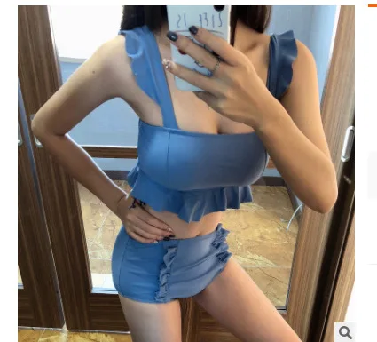 

Swimsuit Woman Bikini Girls New Girl Push-Up Swimwear Separate Cute Japanese Leaf Edge Sexy Push Up Shoulders High Waist Print