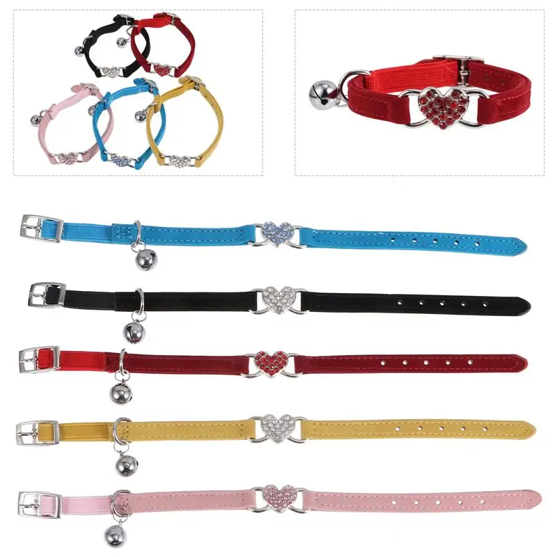 

5Pcs Collar Soft Bell Pendant Heart Rhinestone Neckwear Cat Collar Kitten Collar