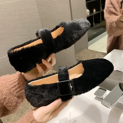 Черный EOEODOIT Autumn Ballet Flats Shoes Casual Fur Shoes Square Toe Retro Fashion Women Lady Elegance Flat Heel Shoes - Цвет: Черный