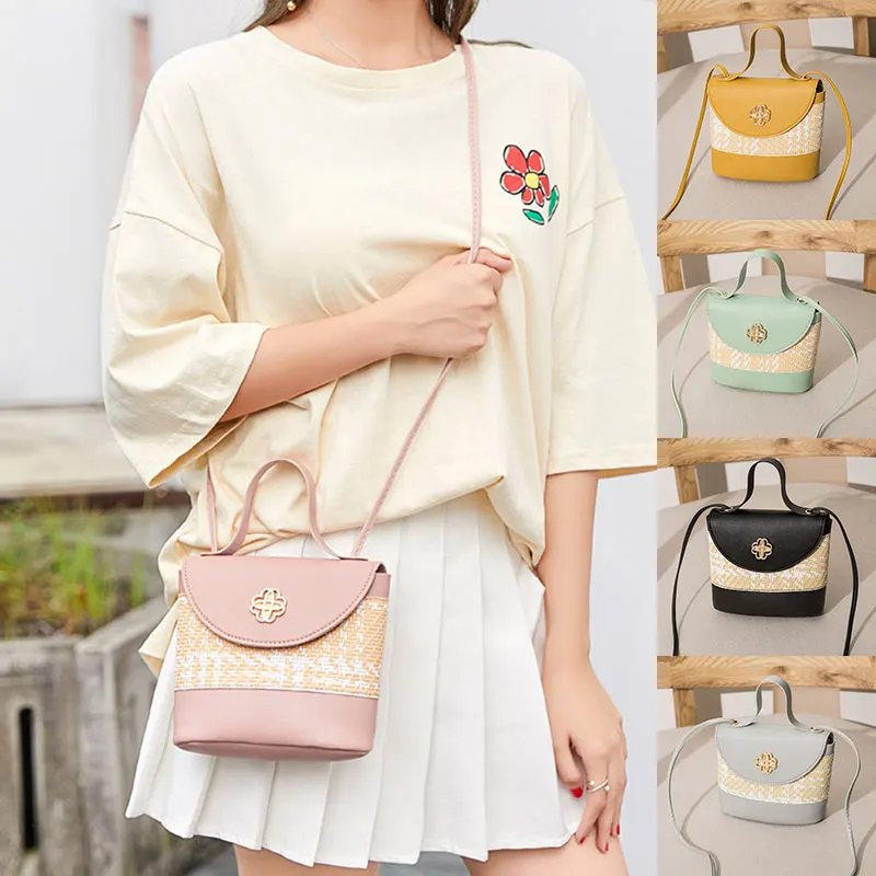 

Women Summer knitted Leather woven Handbag Shoulder Small Flap Crossbody Handbags Vintage Block Calor Top Handle Messenger Bags