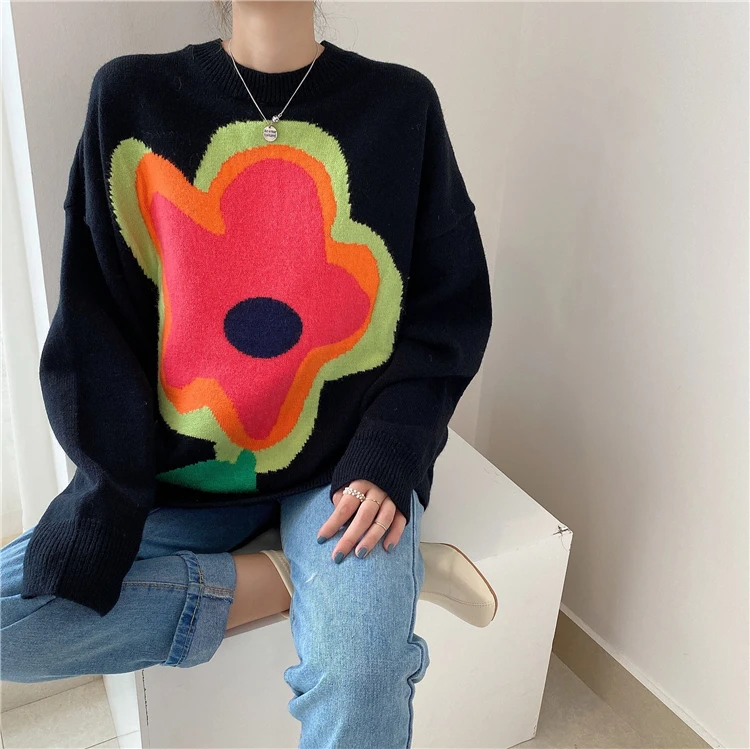 

hirigin 2021 Women Color Block Sweater Adults Loose Flower Pattern Round Neck Long Sleeve Pullover Fashion Pullovers For Lady