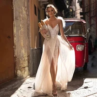 bohemian beach wedding dresses 2021 a line tulle spaghetti straps v neck lace appliques backless bridal gown sexy side split