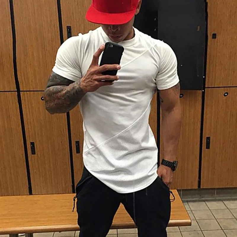 

Sport T Shirt Men Cotton Patchwork Mesh Mens Running T-Shirt Sportswear Bodybuilding Fitness Shirt Slim fit Gym Tshirt