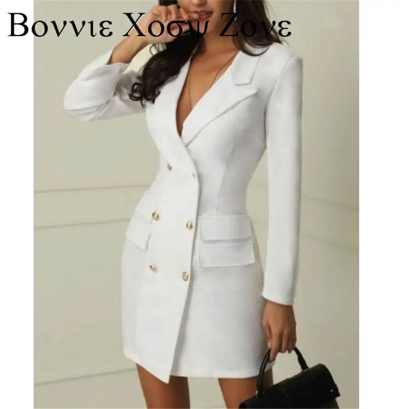 

Women V Neck Double Breasted Long Sleeve Blazer Dress
