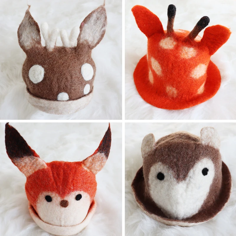 Baby Wool Felt Hat Adorable Handmade Animal Hats Infant Photography Novelty Caps Newborn Photo Props Trilby Giraffee Fox | Детская