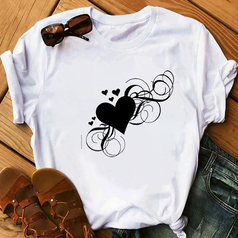 

For Women Summer Graphic Tees Casual Fashion Camisetas Tshirs Heart Print T-shirts Women Hrajuku Clothes Crew Neck Top