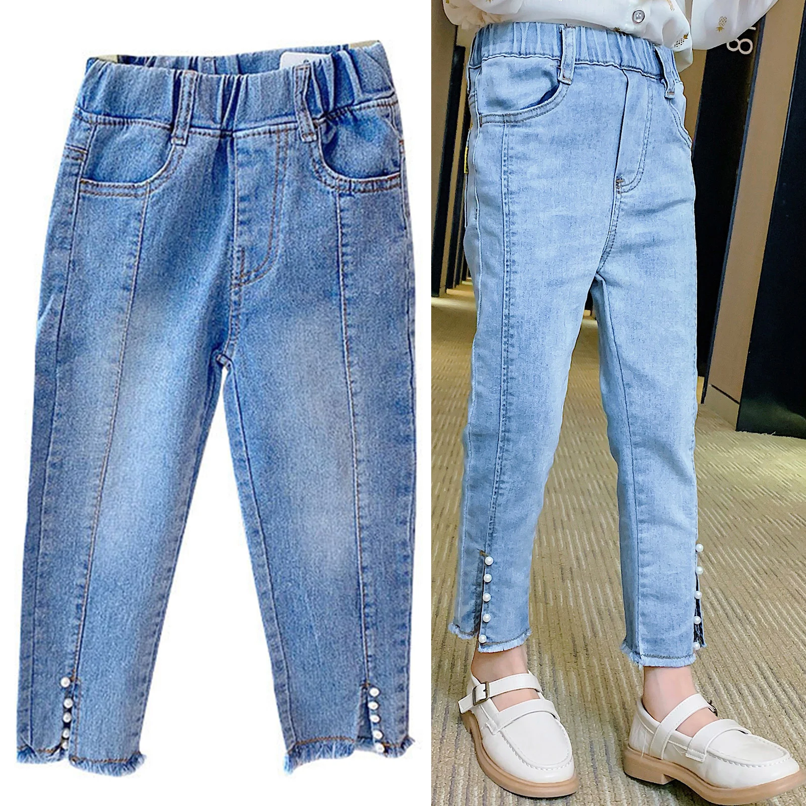 

Spring Autumn Kids Girls Flare Denim Pants Baby Trousers Kids Jeans Children Burred Side Split Pearl Decor Pants 1 To 5Years