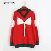 saythen autumn and winter womens new style red bow sweater warm pullover sweet cute long design wind knit sweater top ys22141