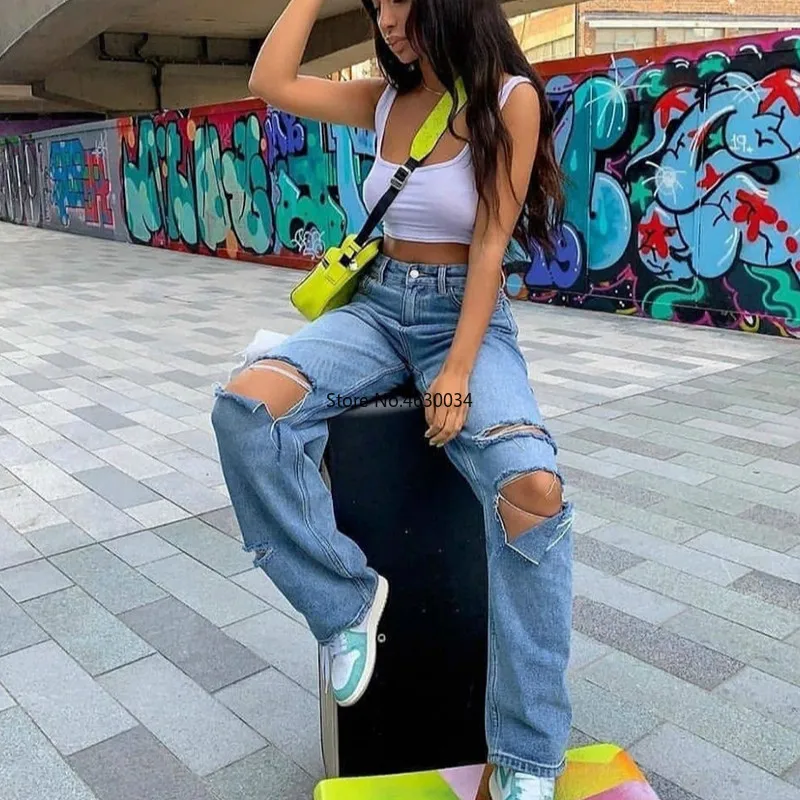 Модные уличные повседневные женские джинсы винтажные потертые отбеливающие