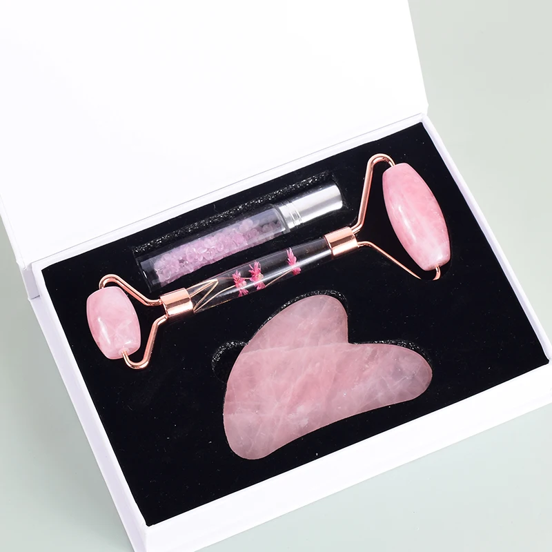 

Facial Roller GuaSha Tool Chip Stone Bottle 3 PCS/Set Face Care Massager Natural Rose Quartz Anti Wrinkle Cellulite Neck Massage