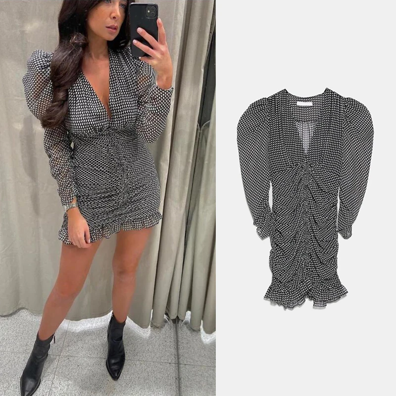 Женское платье с принтом в клетку ZA повседневное облегающее горошек v образным