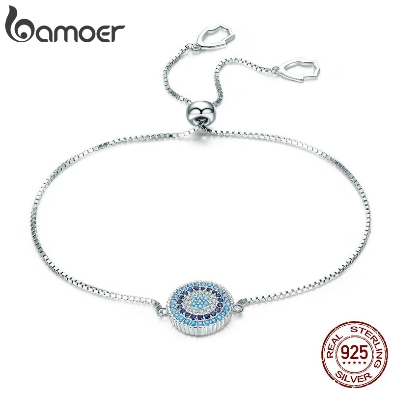 BAMOER 925 пробы Серебряный Роскошный круглый синий счастливые глаза мощный браслет Pave CZ Регулируемый звено цепи браслеты ювелирные изделия SCB005