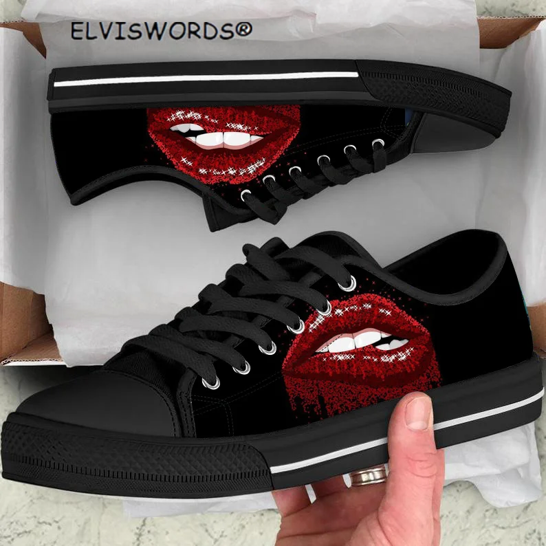 

ELVISWORDS Funny Lips Printed Comfortable Women's Lace Up Vulcanized Shoes Breathable Ladies Low Top Style Walking Shoes Flats
