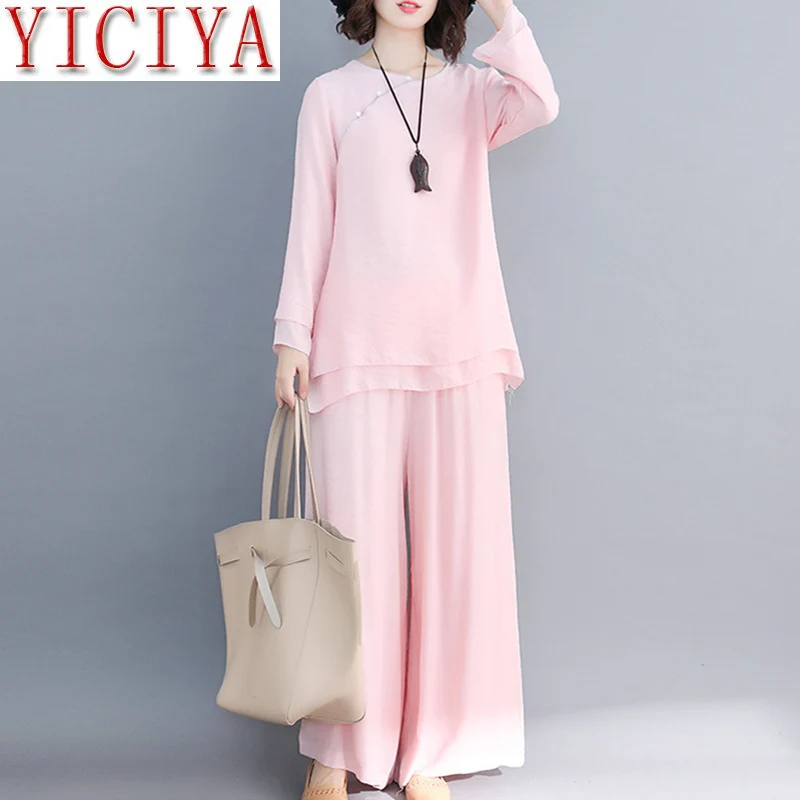

Pink Tracksuit For Women Outfits Cotton Linen 2 Piece Set Top Wide Legs Pants Suit Spring Clothing Elegant plus size Matching