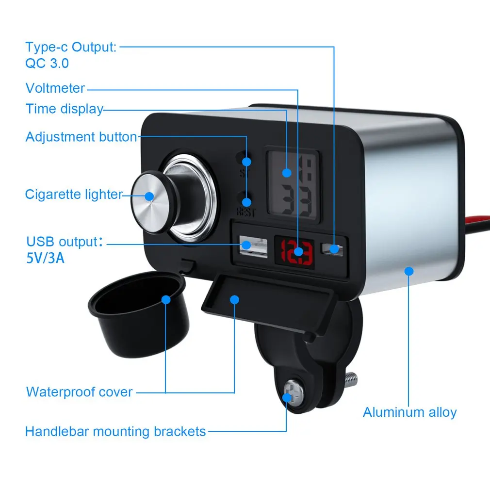 

12V Multifunctional Motorcycle Cigarette Lighter Socket Adapter USB Charger Fast Charging With Timetable With Lighter Head