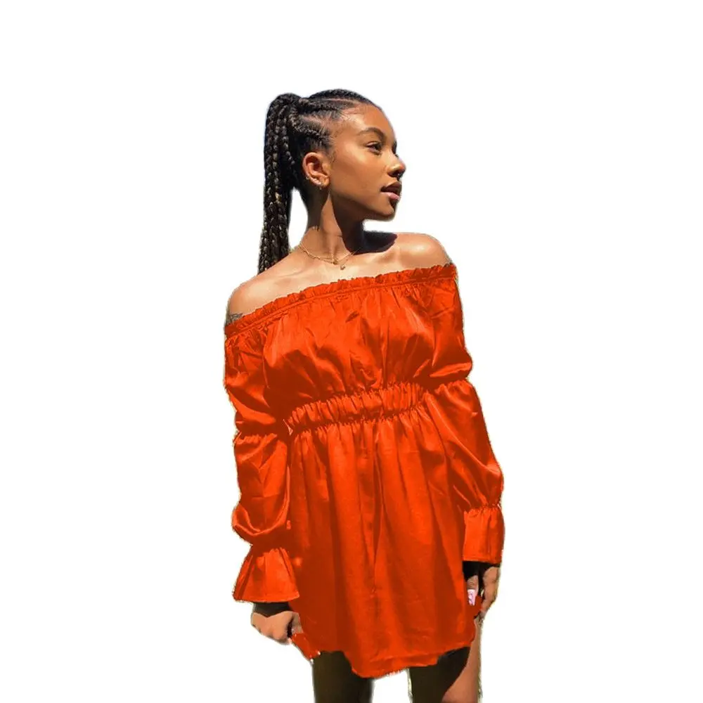 

Dresses Woman Summer 2021 Vestidos De Verano Orangecolor Large Size Loose Long Sleeve One-Neck Dress with Pockets