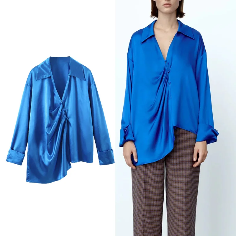 

TRAF Za 2021 Women Shirt Autum New Satin Solid Color Shirt Women Casual Fashion Single-Breasted Lapel Shirts Woman Tops