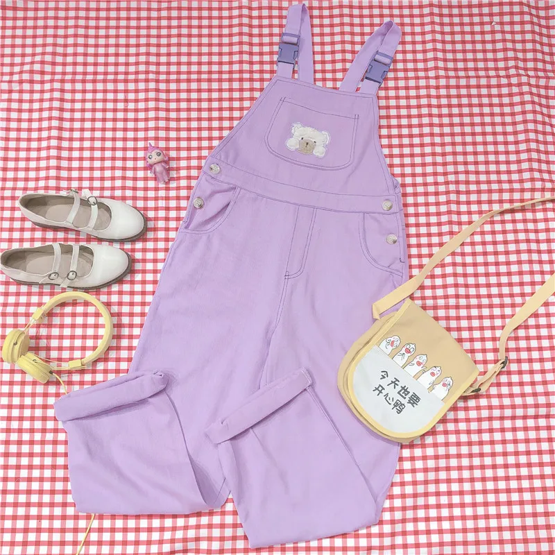 

Spring New Cute Loose Candy Color Bear Embroidery Overalls Pants Student Small fresh High waist Soft Sister Casual Jumpsuits