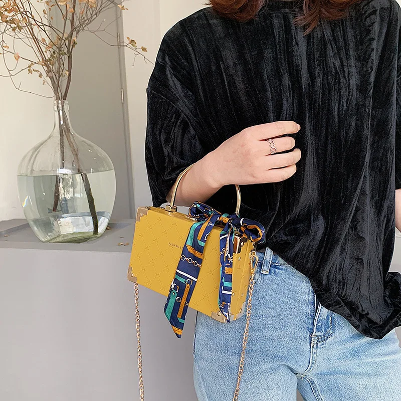 

Fashion Metal Ribbons Handle Box Design Women Party Clutch Bag Shoulder Chain Purse Handbags Female Crossbody Mini Bag