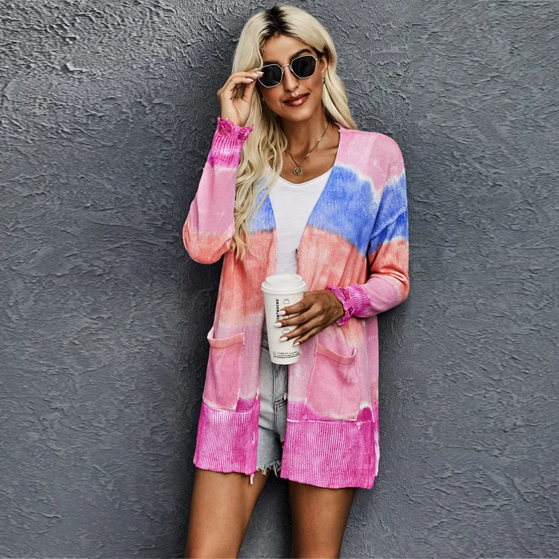

Knitted Cardigan Women's Autumn Dress New Tie Dyed Breasted Pocket Long European and American Sweater V-neck