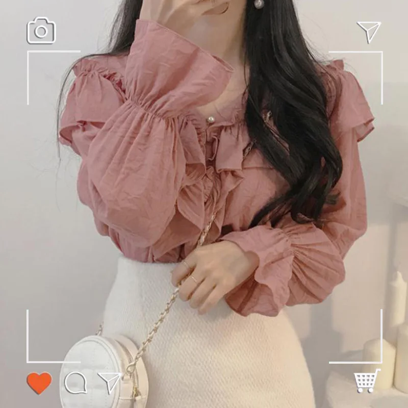 Женская блузка с рукавами колоколами розовая оборками в Корейском стиле модель