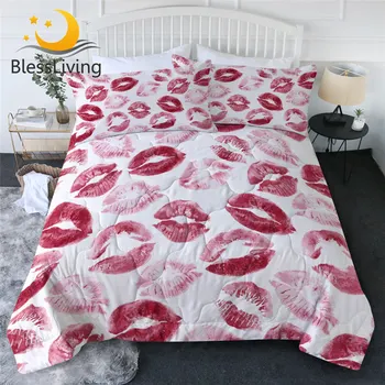 BlessLiving Red Lips Quilted Quilt Watercolor Kisses Bedding Throw Women Pop Art Girl Thin Duvet 3-Piece Sexy Comforter couette 1