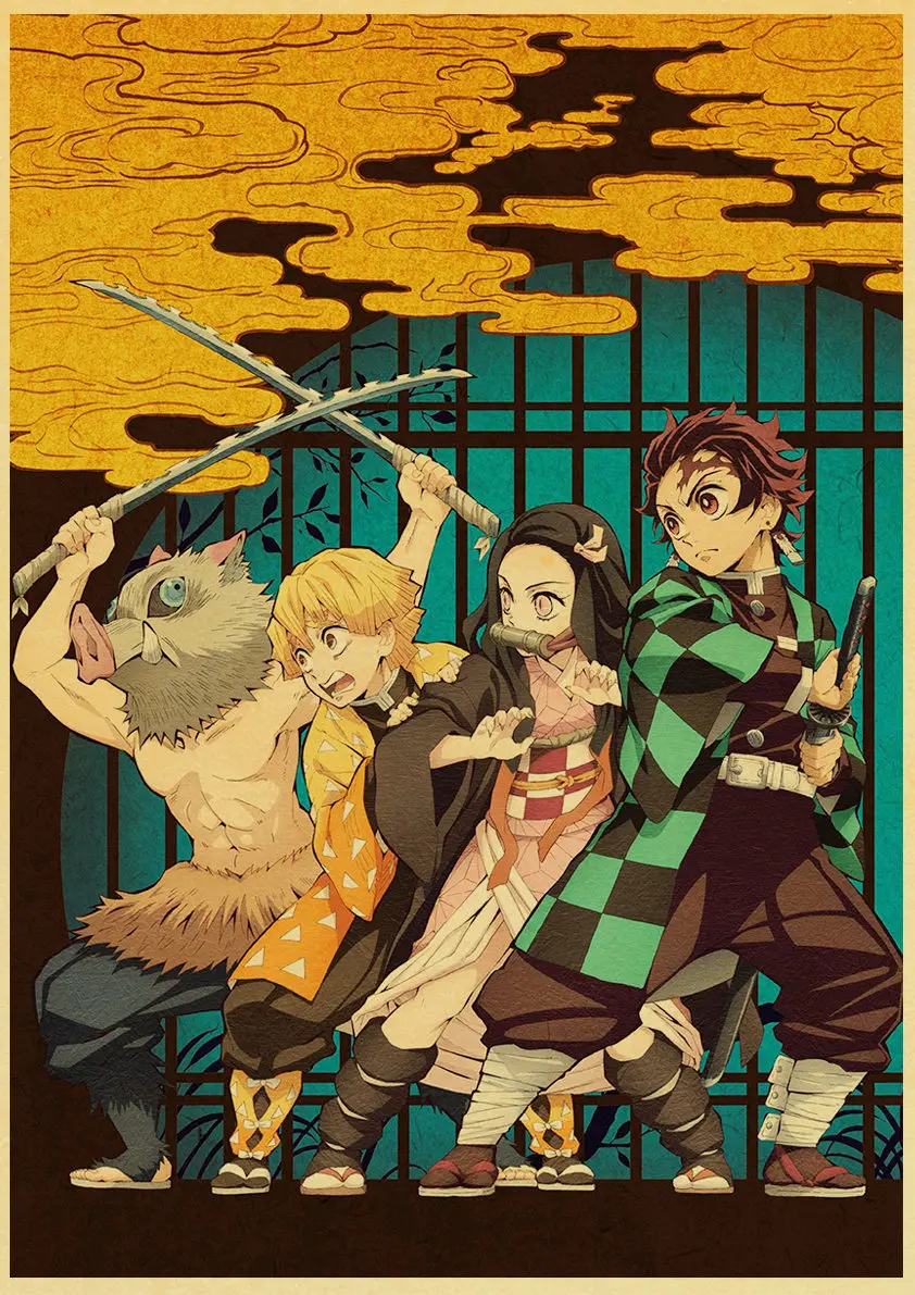 Винтажные постеры демон убийца Kimetsu no Yaiba аниме плакат настенный Арт Ретро плакат живопись украшение для гостиной домашний декор