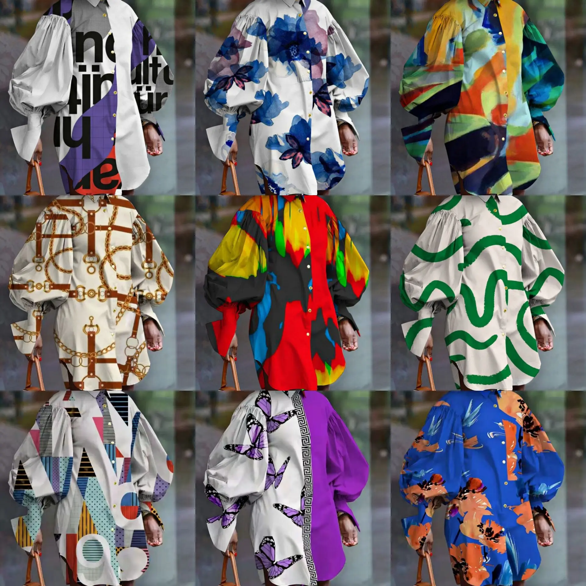 

Women's Spring Summer New Long-sleeved Lantern Sleeves Printed Stitching Loose Shirt Ladies Fashion Long Single-breasted Blouses