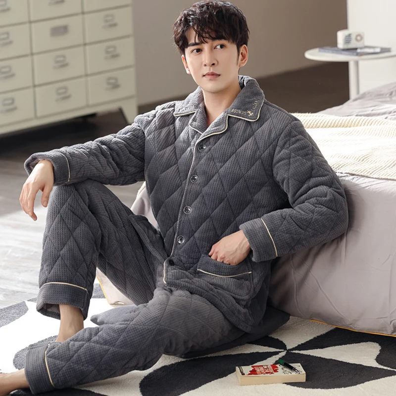

Men's Pajamas Winter Three-layer Quilted Plus Velvet Thick Coral Fleece Suit Flannel Warm Home Service Autumn and Winter Fashion