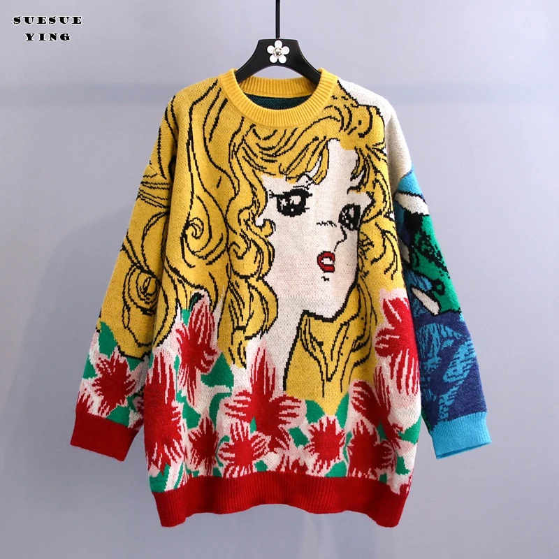 

Korobov 2020 Autumn Winter New Women Cartoon Sweaters Korean Hit Color Sueter Mujer Vintage O Neck Long Sleeve Jumper Femme