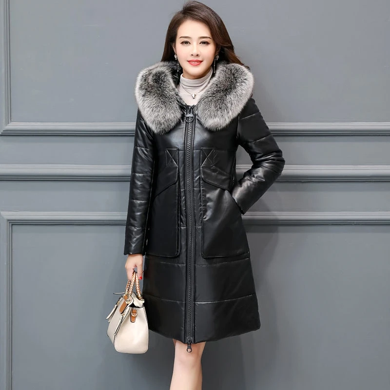 5XL зимнее пальто из овчины для женщин длинное с капюшоном лисьего меха|pu coat|coat
