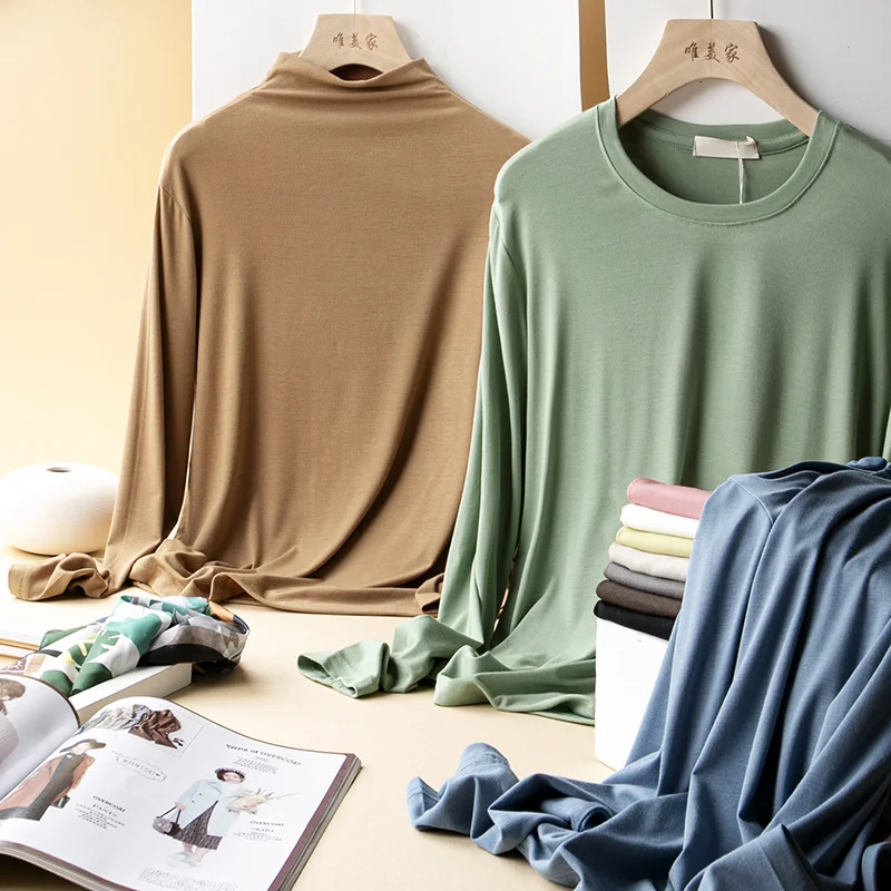 

Футболка женская однотонная прямая с круглым вырезом и длинным рукавом