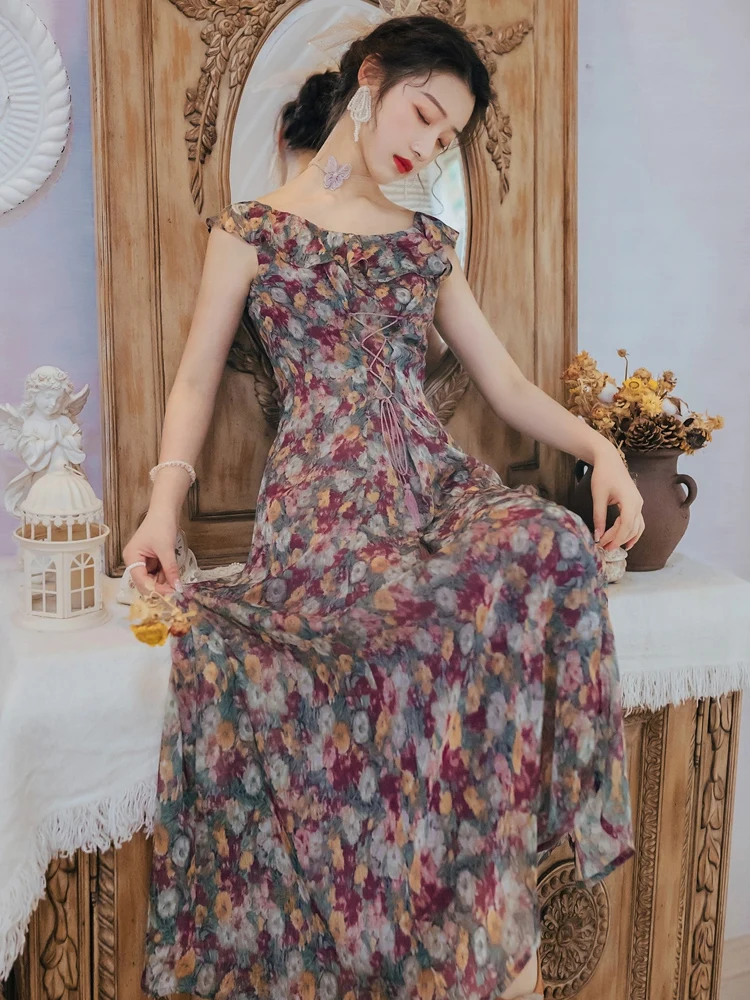 

Summer Women Dress French Niche Vintage Canvas Shoulder Slimming Dress