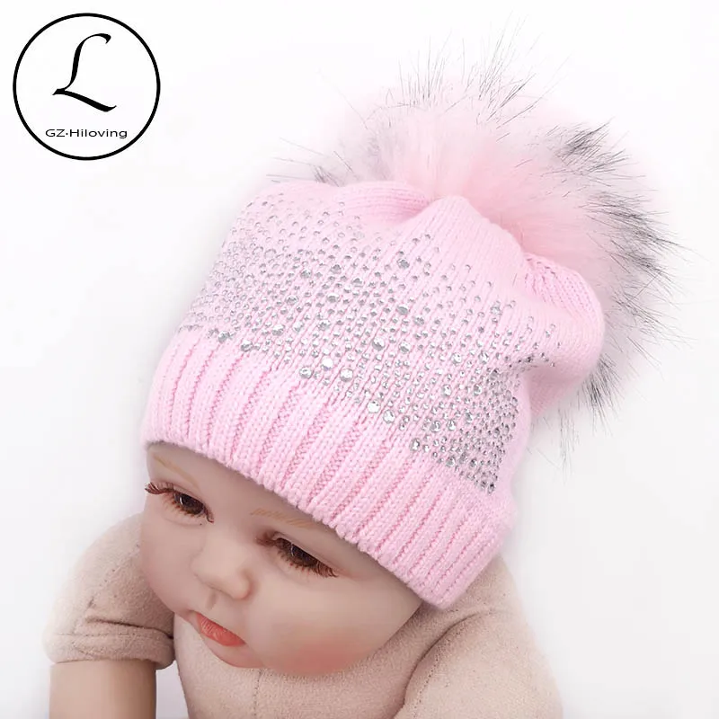 Хлопковые вязаные шапки и для новорожденных девочек стразы детей с помпоном из