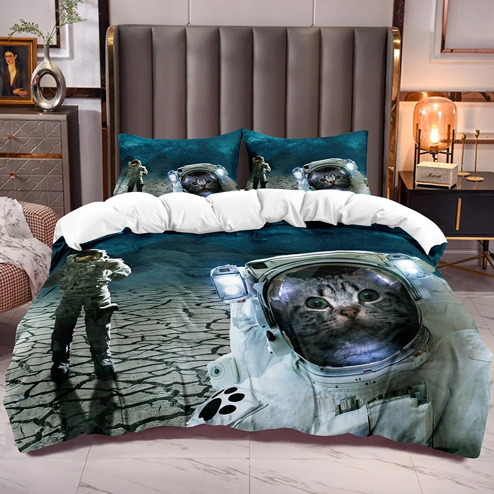 

Boys Girls Bedding Duvet Cover with Astronaut Cat for Kids Universe Theme Zipper Closure Comforter Cover Sets with Corner Ties