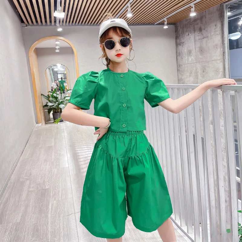 Детская одежда модная летняя для девочек с буфами на рукавах футболка + шорты 2