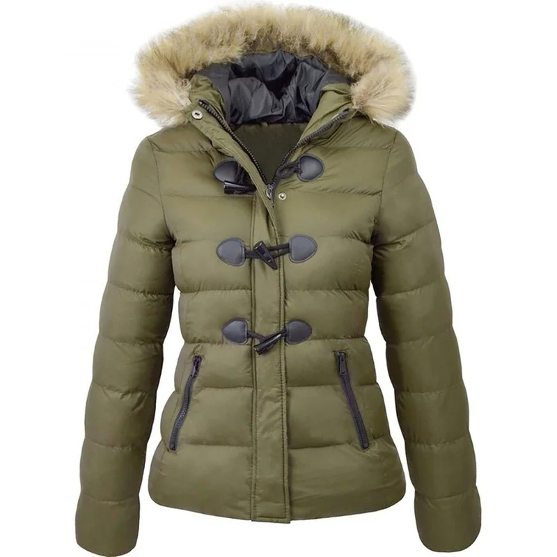 Женская короткая теплая куртка с капюшоном с украшением из рога и пряжкой Женская Стеганая куртка зимние модели стеганых курток